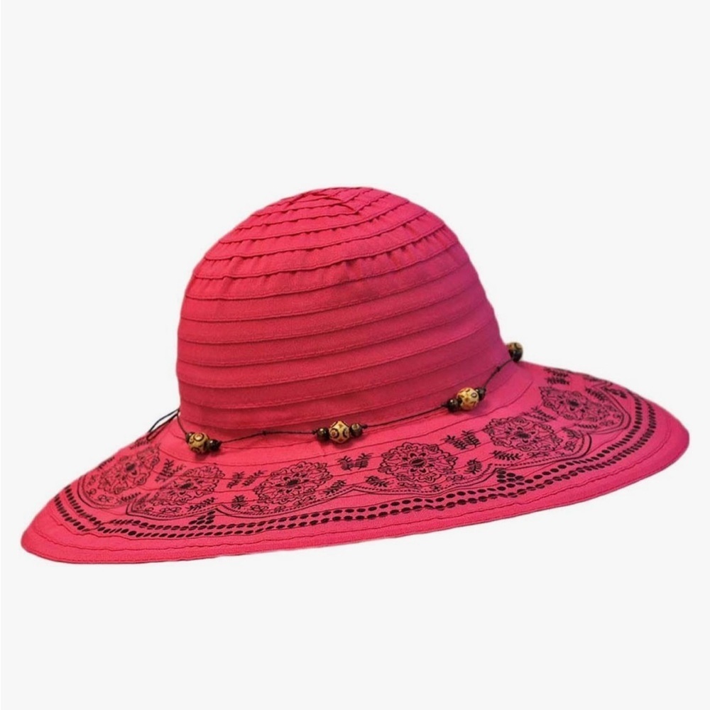 Angela & William Pink & blk Diva floppy Floral UPF 50+ sun Hat - Picture 2 of 13